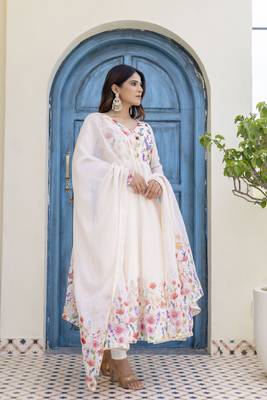 off-white organza floral printed anarkali gown set with dupatta & pant 2