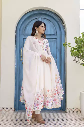 off-white organza floral printed anarkali gown set with dupatta & pant