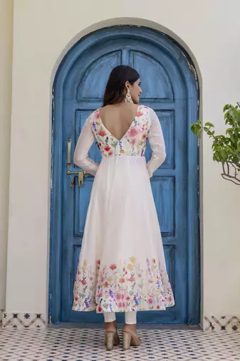 off-white organza floral printed anarkali gown set with dupatta & pant