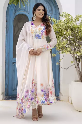 off-white organza floral printed anarkali gown set with dupatta & pant