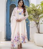 off-white organza floral printed anarkali gown set with dupatta & pant
