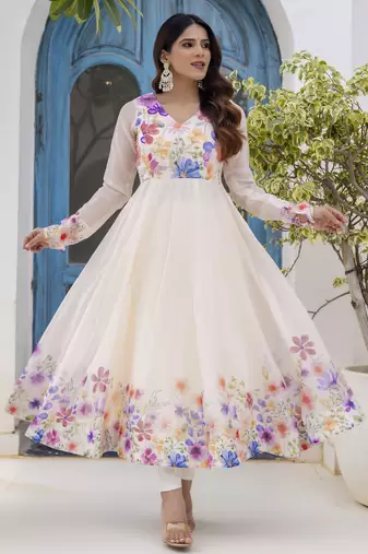 off-white organza floral printed anarkali gown set with dupatta & pant