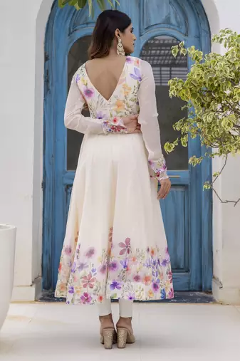 off-white organza floral printed anarkali gown set with dupatta & pant