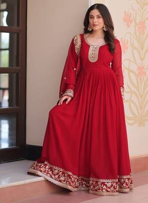 Maroon designer faux georgette gown with zari & sequins embroidery and embroidered dupatta     luxury ethnic set 3