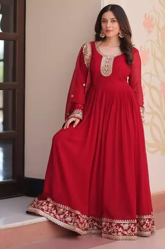 Maroon designer faux georgette gown with zari & sequins embroidery and embroidered dupatta     luxury ethnic set