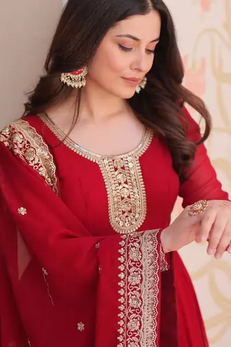 Maroon designer faux georgette gown with zari & sequins embroidery and embroidered dupatta     luxury ethnic set