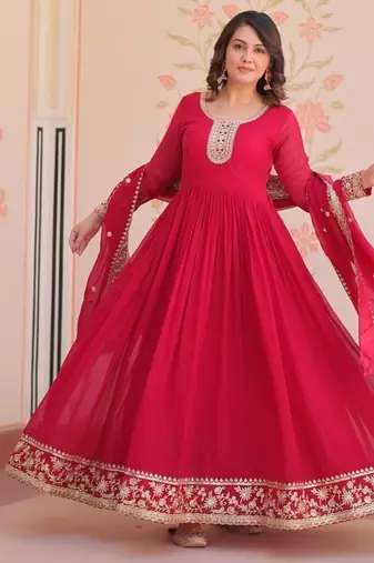 Rani pink designer faux georgette gown with zari & sequins embroidery and embroidered dupatta     luxury ethnic set