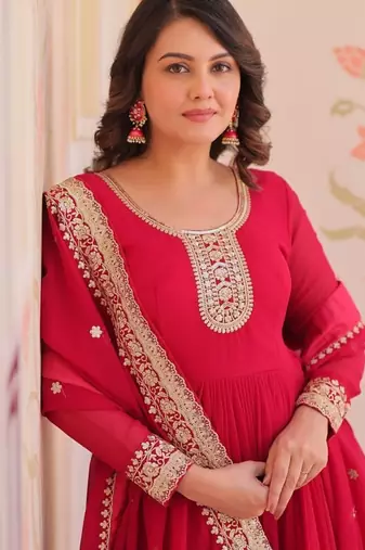 Rani pink designer faux georgette gown with zari & sequins embroidery and embroidered dupatta     luxury ethnic set