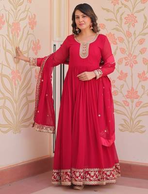 Rani pink designer faux georgette gown with zari & sequins embroidery and embroidered dupatta     luxury ethnic set 5
