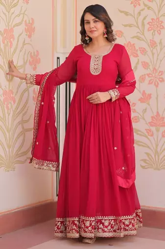 Rani pink designer faux georgette gown with zari & sequins embroidery and embroidered dupatta     luxury ethnic set
