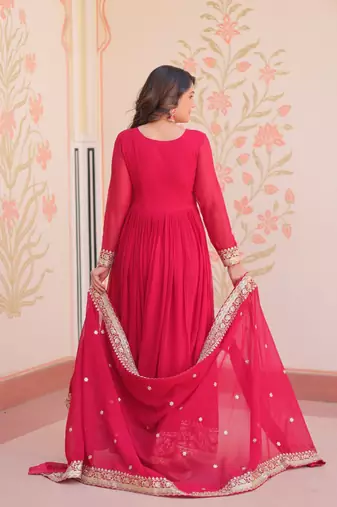 Rani pink designer faux georgette gown with zari & sequins embroidery and embroidered dupatta     luxury ethnic set