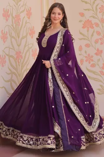 Purple designer faux georgette gown with zari & sequins embroidery and embroidered dupatta     luxury ethnic set