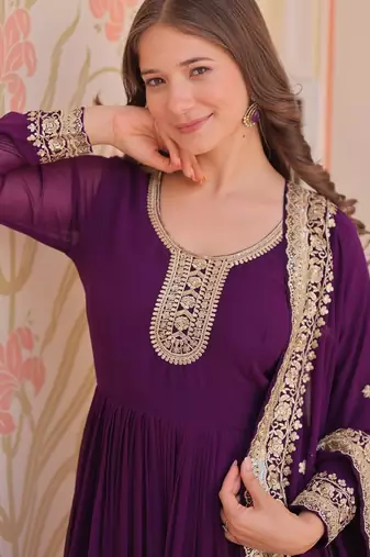 Purple designer faux georgette gown with zari & sequins embroidery and embroidered dupatta     luxury ethnic set