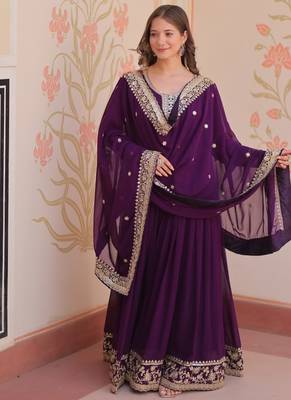 Purple designer faux georgette gown with zari & sequins embroidery and embroidered dupatta     luxury ethnic set 5
