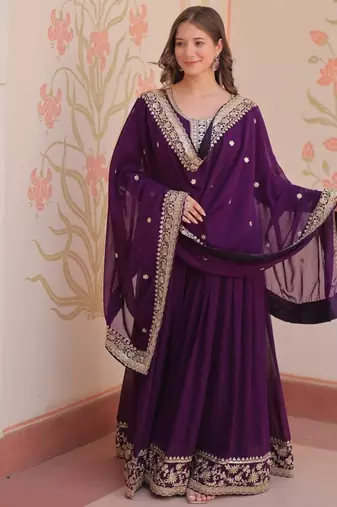 Purple designer faux georgette gown with zari & sequins embroidery and embroidered dupatta     luxury ethnic set