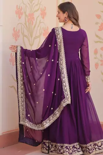 Purple designer faux georgette gown with zari & sequins embroidery and embroidered dupatta     luxury ethnic set