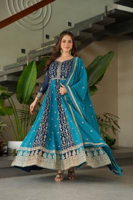 Teal faux georgette anarkali suit with zari sequins embroidery festive wear 3