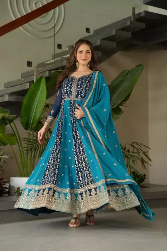 Teal faux georgette anarkali suit with zari sequins embroidery festive wear
