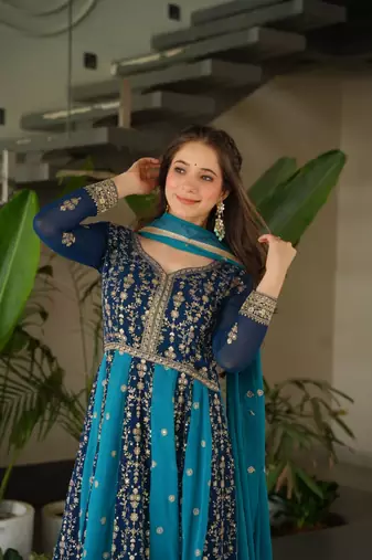 Teal faux georgette anarkali suit with zari sequins embroidery festive wear