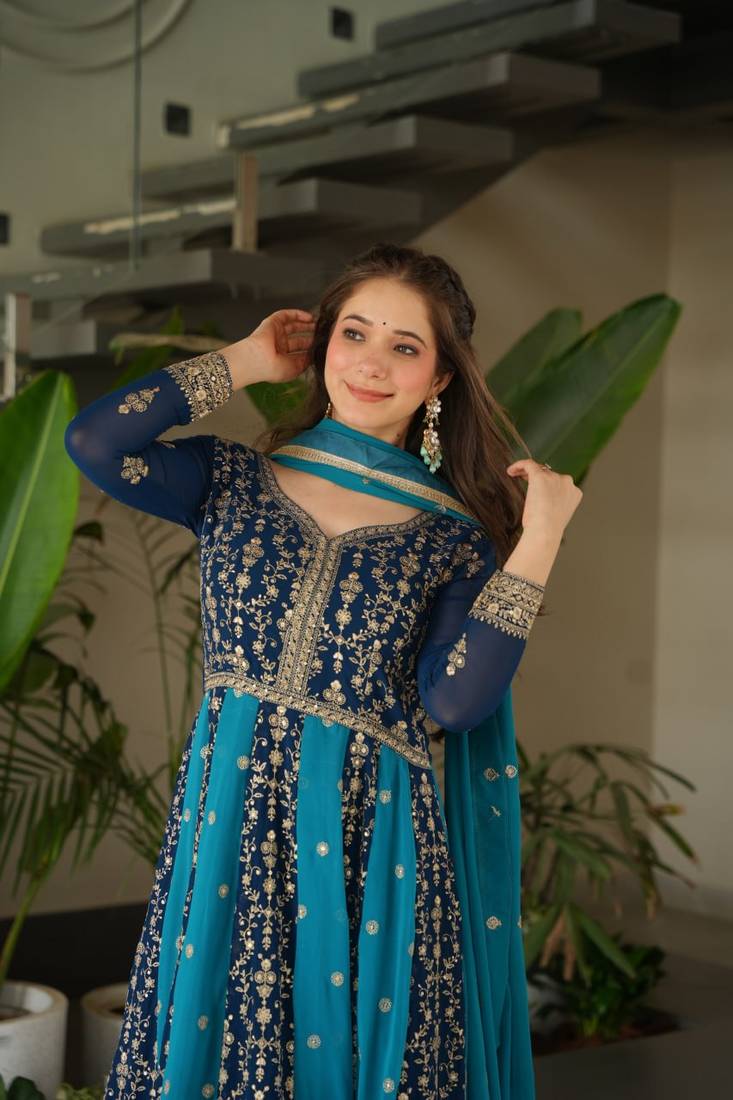 Teal faux georgette anarkali suit with zari sequins embroidery festive wear
