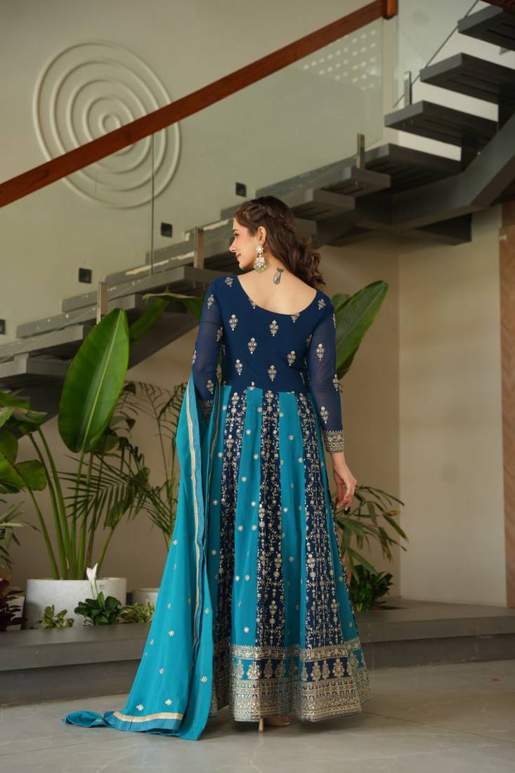 Teal faux georgette anarkali suit with zari sequins embroidery festive wear