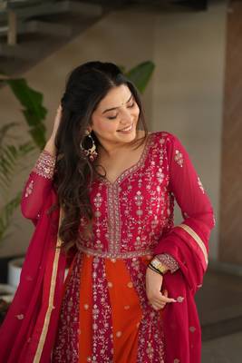 Pink faux georgette anarkali suit with zari sequins embroidery festive wear 4