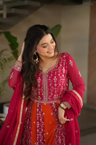 Pink faux georgette anarkali suit with zari sequins embroidery festive wear