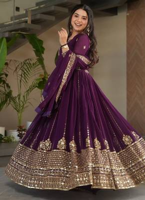 Royal purple georgette zari and sequins embroidered gown with dupatta 4