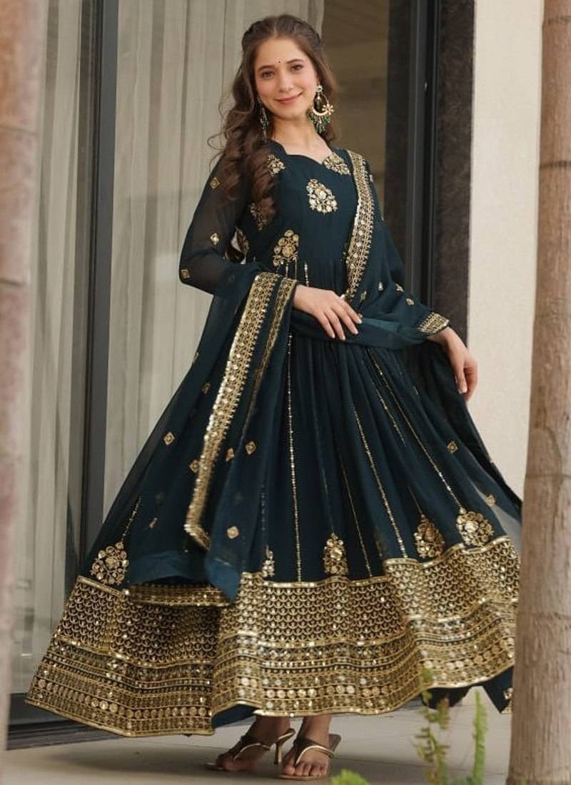 Emerald green georgette zari and sequins embroidered gown with dupatta