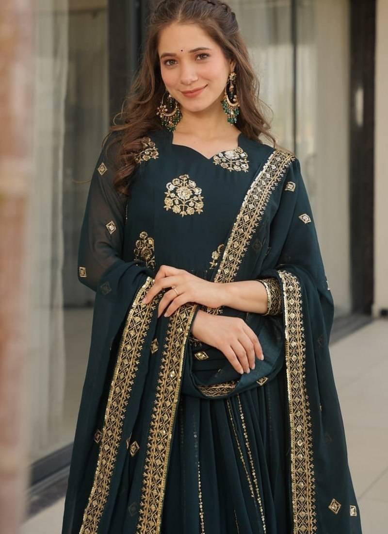 Emerald green georgette zari and sequins embroidered gown with dupatta