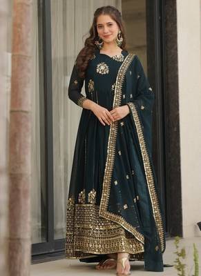 Emerald green georgette zari and sequins embroidered gown with dupatta 5