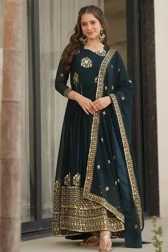 Emerald green georgette zari and sequins embroidered gown with dupatta