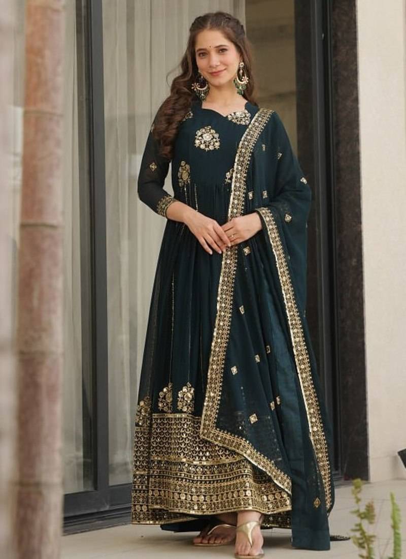 Emerald green georgette zari and sequins embroidered gown with dupatta