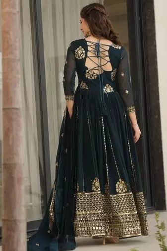 Emerald green georgette zari and sequins embroidered gown with dupatta