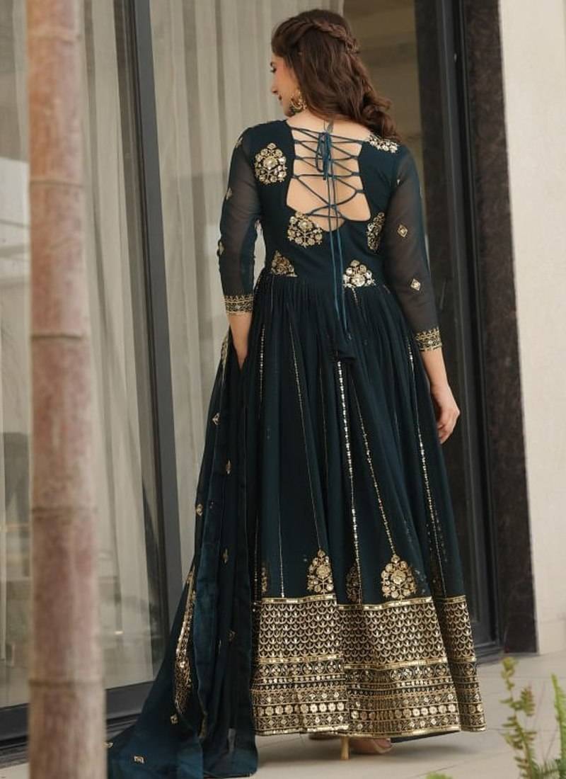 Emerald green georgette zari and sequins embroidered gown with dupatta