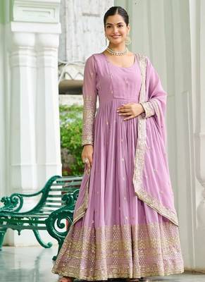 Lavender designer dusty-tone faux georgette gown with embroidery & sequins dupatta 3