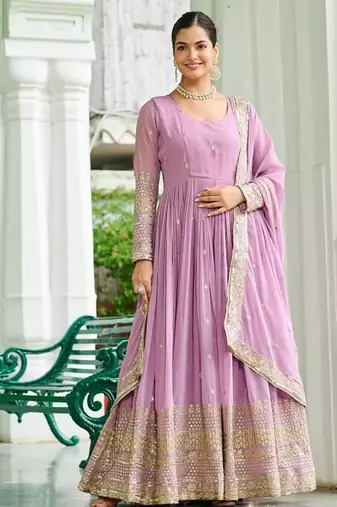Lavender designer dusty-tone faux georgette gown with embroidery & sequins dupatta
