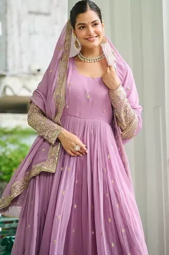 Lavender designer dusty-tone faux georgette gown with embroidery & sequins dupatta