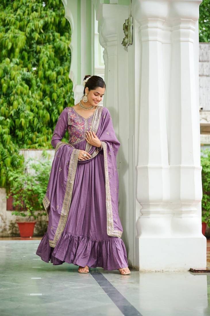 Lavender vichitra silk embroidered sequins anarkali suit festive wear