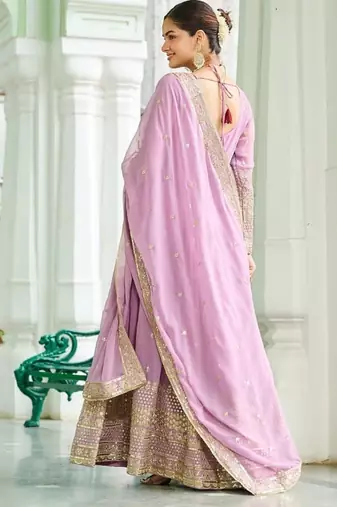 Lavender designer dusty-tone faux georgette gown with embroidery & sequins dupatta