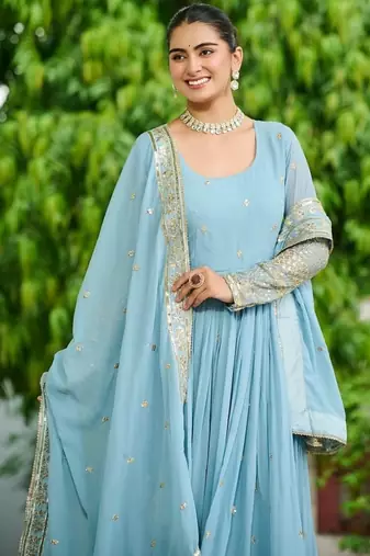Sky blue designer dusty-tone faux georgette gown with embroidery & sequins dupatta