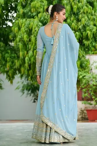 Sky blue designer dusty-tone faux georgette gown with embroidery & sequins dupatta