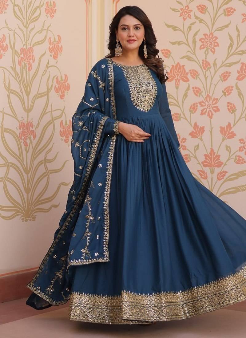 Rama blue star georgette zari sequins embroidered gown with dupatta