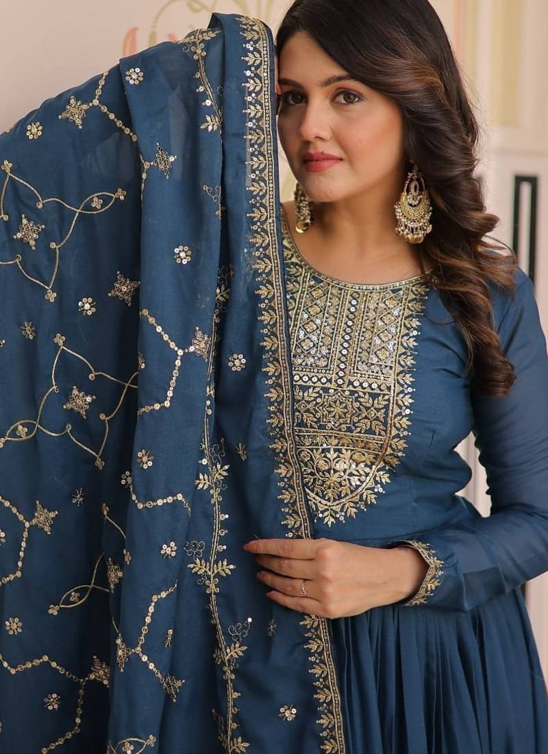 Rama blue star georgette zari sequins embroidered gown with dupatta