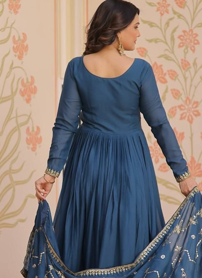 Rama blue star georgette zari sequins embroidered gown with dupatta