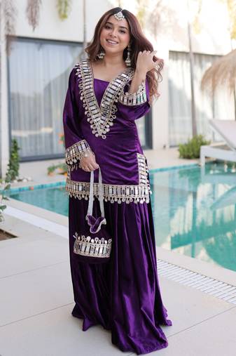 Purple Zari Embroidered Velvet Top With Palazzo