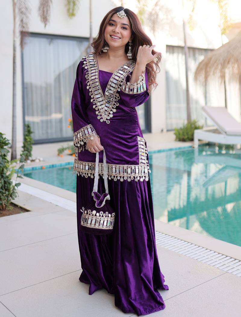 Purple Zari Embroidered Velvet Top With Palazzo