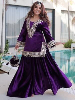 Purple Zari Embroidered Velvet Top With Palazzo 2