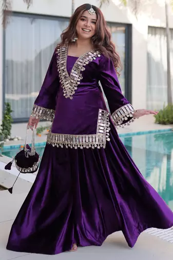 Purple Zari Embroidered Velvet Top With Palazzo