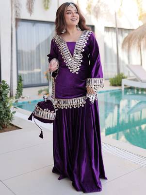 Purple Zari Embroidered Velvet Top With Palazzo 3